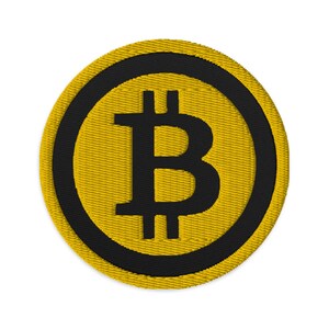 May include: A yellow embroidered patch with a black Bitcoin symbol in the center.