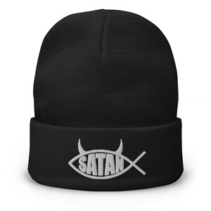 Satan Fish with Horns Religious Satire Embroidered Cuff Beanie