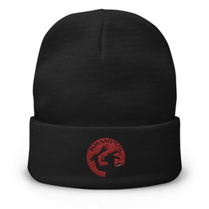 Horned Krampus Embroidered Cuff Beanie Evil Santa Claus