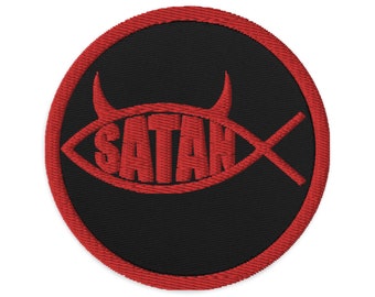 Satanfisk med horn Religiös satir Broderad lapp Sataniska lappar