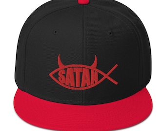 Red Satan Fish with Horns Religious Satire Embroidered Flat Bill Cap Snapback Hat