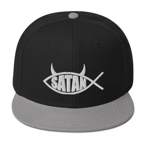 Satan Fish with Horns Religious Satire Embroidered Flat Bill Cap Snapback Hat