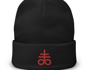 The Leviathan Cross of Satan Occult Symbol Embroidered Cuff Beanie Red Thread