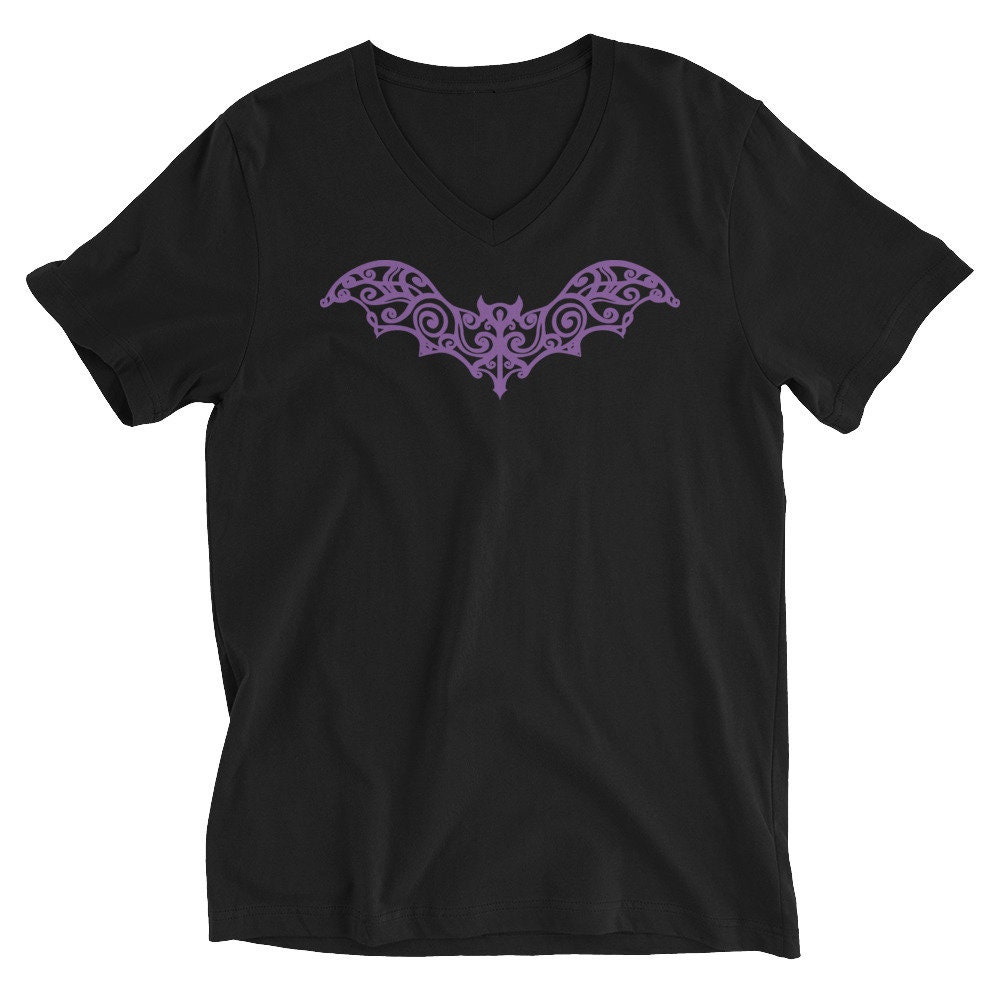 Discover Gothic Wrought Iron Style Vine Bat Womens Short Sleeve V-Neck T-Shirt Purple Print