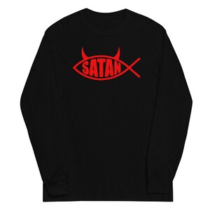 Red Ichthys Satan Fish with Horns Religious Satire Long Sleeve Shirt