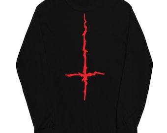 Red Melting Inverted Cross Black Metal Style Long Sleeve Shirt