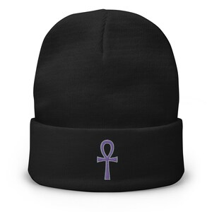The Key of Life Ankh Ancient Egyptian Culture Embroidered Cuff Beanie Purple Thread