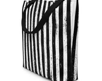 Black & White Vertical Stripe Distressed Tote Bag – Gothic Alt Beach Bag, Gift for Alternative Fashion Fans