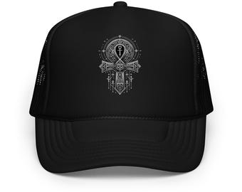Gorra de camionero con símbolo Ankh: gorra snapback de espuma de alquimia gótica, gorra unisex ajustable de estética oscura y oculta.