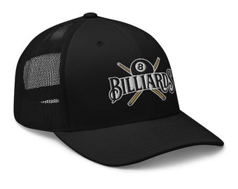 Billiards 8 Ball Trucker Hat – Embroidered Pool Sticks Mesh Snapback Cap Cue Players Alt Streetwear