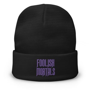 Foolish Mortals Haunted Mansion Embroidered Cuff Beanie Purple Thread