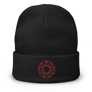 9 Point Star Pentagram Occult Symbol Embroidered Cuff Beanie Slipknot Red Thread