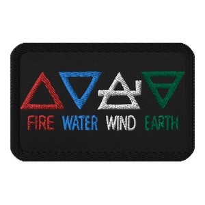 May include: Black embroidered patch featuring four symbols representing the elements: fire, water, wind, and earth. The symbols are red, blue, white, and green.