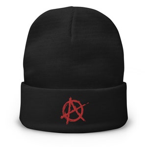 Anarchy Sign Punk Chaos and Rock n&#39; Roll Embroidered Cuff Beanie Red Thread