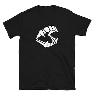 May include: Black t-shirt with a white graphic of a set of fangs.