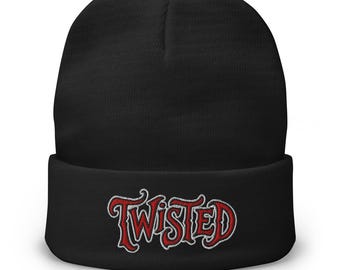 Twisted Horror Carnival Beanie – gotycka haftowana czapka z mankietem, alternatywna zimowa czapka w stylu dark streetwear