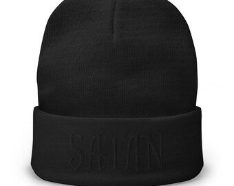 Schwarz Satan Pure Evil Manschette Mütze - Gothic bestickte Mütze für Dark Alt Streetwear, Horror & Okkulte Ästhetik Fans
