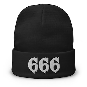 White 666 Cuff Beanie – Gothic Embroidered Hat for Dark Streetwear, Occult Aesthetic, Alt Horror & Metal-Inspired Fashion