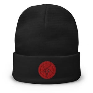 Red Baphomet Sigil Cuff Beanie – Embroidered Gothic Cap for Alt Streetwear, Dark Aesthetic, Occult & Horror Fashion Fans