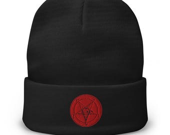 Red Baphomet Sigil Cuff Mütze – Bestickte Gothic Cap für Alt Streetwear, Dark Aesthetic, Occult & Horror Fashion Fans