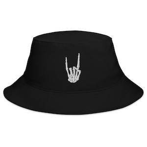 Devil Horns Bone Hand Embroidered Bucket Hat Heavy Metal Sign Horns Up