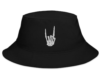Devil Horns Bone Hand Geborduurde Bucket Hat Heavy Metal Sign Horns Up