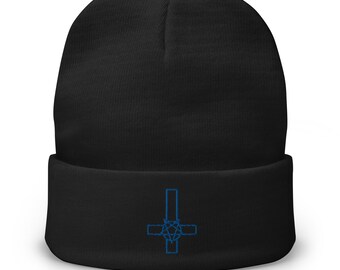 Pentacross Inverted Pentagram Cross Embroidered Cuff Beanie