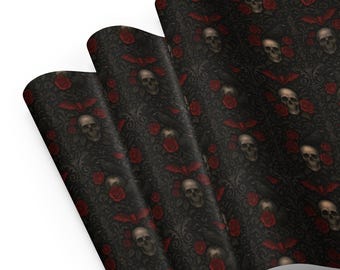 Skull Bat Roses Wrapping Paper – Gothic Horror Gift Wrap Sheets, Dark Alternative Birthday Holiday Decor