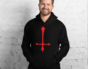 Könnte beinhalten: Schwarzer Kapuzenpullover mit einem roten umgekehrten Kreuz-Motiv.