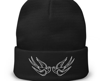 Falling Sparrows Tattoo Style Bird Embroidered Cuff Beanie