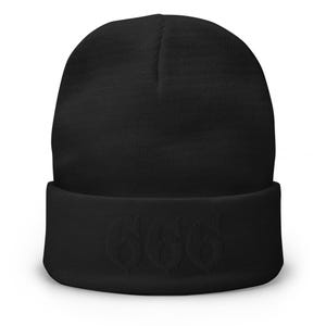 Black 666 Cuff Beanie – Gothic Embroidered Hat for Dark Streetwear, Occult Aesthetic, Alt Horror & Metal-Inspired Fashion