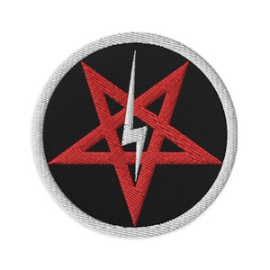 May include: Red embroidered pentagram with a white lightning bolt inside, on a black background with a white border.