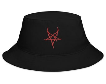 Rode omgekeerde Pentagram zwarte metalen stijl geborduurde vissershoed