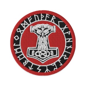 May include: A red and black embroidered patch with a white Mjolnir hammer surrounded by a circle of runes. The runes are in black and white and read "Jormungandr", "Fenrir", "Hel", "Loki", "Thor", "Odin", "Freyja", "Heimdall", "Tyr", "Baldr", "Sif", "Njord", "Freya", "Frigg", "Idunn", "Valkyrie", "Valhalla", "Asgard", "Midgard", "Yggdrasil", "Ragnarok".