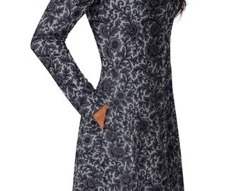 Black Rose Lace Gothic Victorian Long Sleeve Midi Dress with Pockets – Dark Alt Fashion Gift for Women