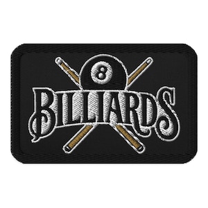 May include: Black rectangular patch with white embroidered text "BILLIARDS". The design includes an eight ball and two crossed pool cues. The patch has a black border and is likely for a jacket or bag.