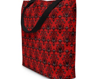 Red Haunted Mansion Tote Bag – Gothic Victorian Pattern, Dark Gift for Horror & Alternative Fashion Fans