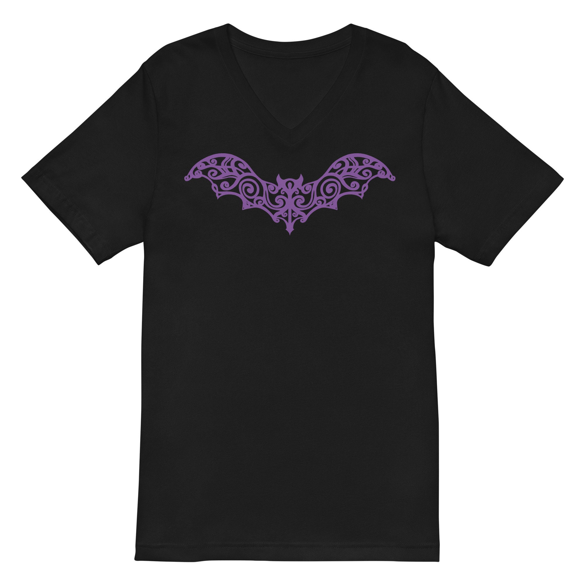 Discover Gothic Wrought Iron Style Vine Bat Womens Short Sleeve V-Neck T-Shirt Purple Print