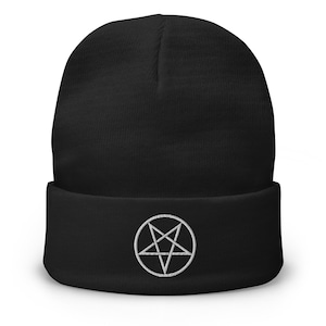 Woven Inverted Pentagram Symbol Embroidered Cuff Beanie Satanic