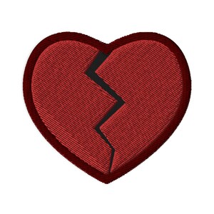 May include: A red heart-shaped patch with a black crack down the middle, symbolizing a broken heart.