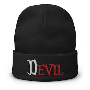 The Devil Is Evil Cuff Beanie – Embroidered Gothic Cap for Dark Aesthetic, Occult Streetwear & Horror Alt Fashion Fans