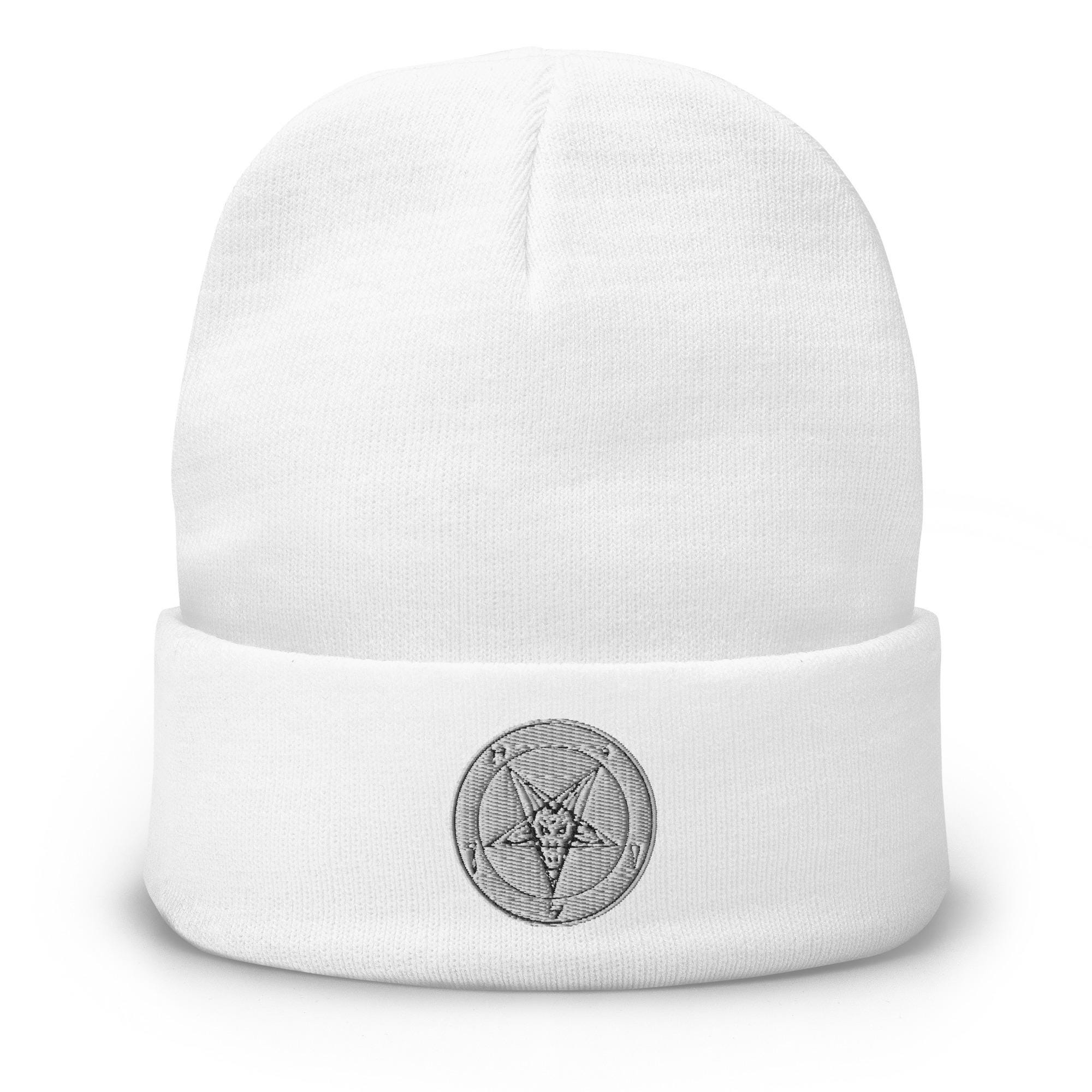 White Baphomet Sigil Cuff Beanie – Embroidered Gothic Hat For Alt Streetwear, Occult & Horror Fashion