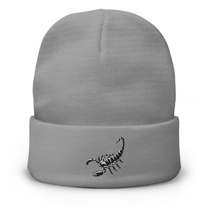 Scorpion Sting Beanie – Embroidered Gothic Horror Cuff Hat, Cotton Blend, Alt Darkwear, Breathable, One Size Unisex Fit