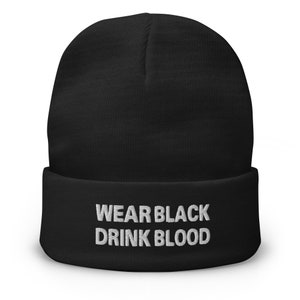 Wear Black Drink Blood Embroidered Cuff Beanie Goth Fashion