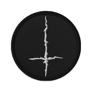 Black Metal Style Inverted Cross Embroidered Patch Satanic Ritual White Thread