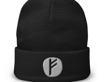 Fehu Rune Beanie Viking Wealth Symbol Norse Cuffed Knit Hat Gothic Black Metal Skull Cap