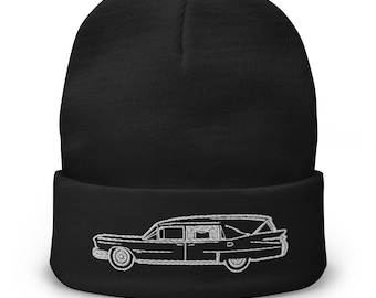 Hearse Funeral Car Embroidered Cuff Beanie Casket Coach