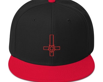 Red Pentacross Inverted Pentagram Cross Embroidered Flat Bill Cap Snapback Hat