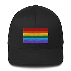 May include: Black baseball cap with a rainbow flag embroidered on the front. The flag features horizontal stripes in red, orange, yellow, green, blue, and purple. The cap is made of a durable fabric and has a curved brim.