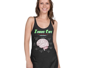 Puede incluir: Un top de tirantes gris oscuro jaspeado con un estampado gráfico de un cerebro con un menú para un Zombie Cafe. El texto en la camiseta dice "Zombie Cafe - Open from dusk till dawn - MENU - "